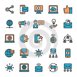 Business Communication Internet Marketing Flat Line Icons Design, Contact Online Vector