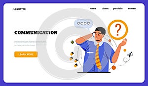 Business communication landing page. Businessman calling phone for ask question. Online consultation. Feedback