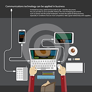 Business Communications Technology with people hand, digital tablet, smartphone, papers and various office objects on table. Flat