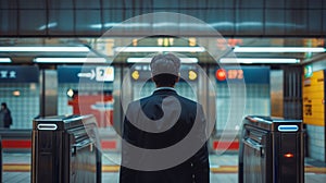 Business Commute: Man Awaiting Train in Modern Subway Station. Generative ai