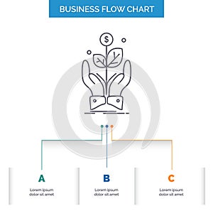 business, company, growth, plant, rise Business Flow Chart Design with 3 Steps. Line Icon For Presentation Background Template