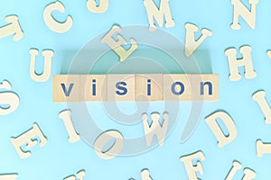 Business, company and organization values concept. Word vision on wooden blocks