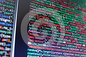 IT business company. Programmer developer screen. Software source code.