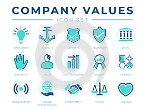 Business Company Values icon Set. Innovation, Stability, Security, Reliability, Legal, Sensitivity, Trust, High Standard, Quality