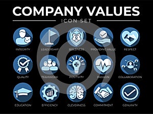 Business Company Values Icon Set. Integrity, Leadership, Boldness, Value, Respect, Quality, Teamwork, Positivity, Passion,