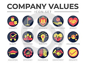 Business Company Values Round Colorful Icon Set. Integrity, Leadership, Boldness, Value, Respect, Quality, Teamwork, Positivity,