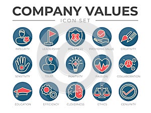 Business Company Values Round Outline Color Icon Set. Integrity, Leadership, Boldness, Value, Creativity, Sensitivity, Trust,