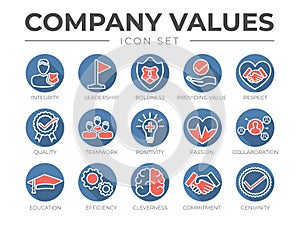 Business Company Values Round Outline Color Icon Set. Integrity, Leadership, Boldness, Value, Respect, Quality, Teamwork,