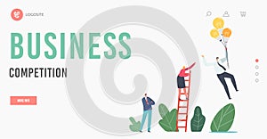 Business Competition, Competitive Advantages Landing Page Template. Girl Character Climb Ladder Chase Businessman Flying