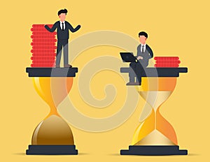 Business competition and competitors.Businessman stand above sand time think and work effective worker.