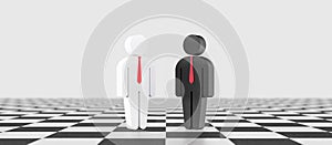 Business competition concept. Successful business people characters on chess board 3d rendering