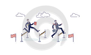Business competition concept. Two businessmen competitors running and jumping over hurdles