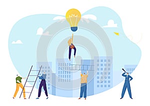 Business competition concept, vector illustration, businessman people character try to get idea bulb with wings, leader