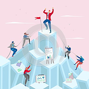 Business competition concept vector illustration. Businessman on the top pf the mountain. Competitive businessmen climb