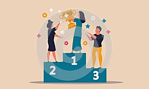 Business competition and motivation success. First woman work winner and award direction career vector illustration concept.