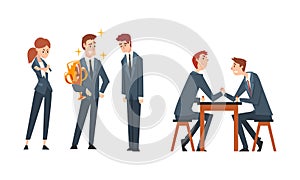 Business Competition and Rivalry with Man Arm Wrestling and Gaining Award Vector Set photo