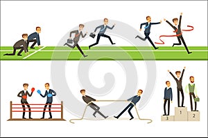 Business Competition Set Of Illustrations With Businessman Running And Competing In Sports