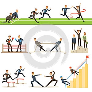 Business Competition Set Of Illustrations With Businessman Running And Competing In Sports