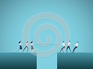 Business competition vector concept with teams in tug of war pulling rope over gap, abyss. Symbol of competitive fight photo