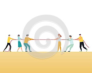Business competition vector concept with teams in tug of war pulling rope. Symbol of competitive fight, struggle, challenge for
