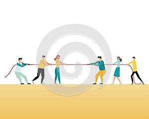 Business competition vector concept with teams in tug of war pulling rope. Symbol of competitive fight, struggle, challenge for