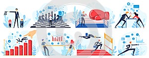 Business competition vector illustration, cartoon flat people run to finish line in race, business man and woman pulling