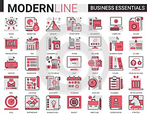 Business complex concept flat line icon vector illustration set with office objects, equipment and documents for