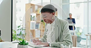 Business, computer and confused black woman in office with scam alert, phishing or glitch. Online, error and female
