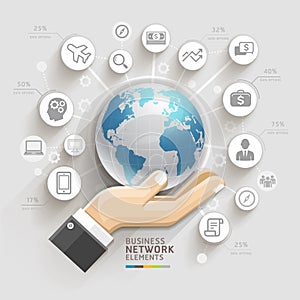 Business computer network. Business hand with global template.