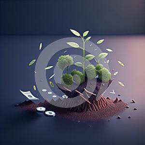 business concept. 3 d render illustration of an abstract earth growing in a pile of gold coins and a plant growing from soil.