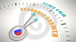 Time for economic growth words on clock face. Flag of Russia. 3D Render