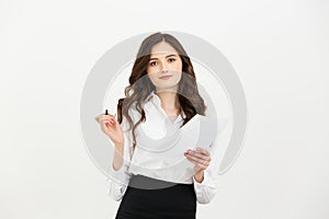 Business Concept: beautiful business woman write on paper or report. Isolated over white background.
