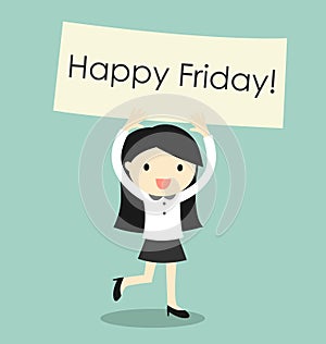Business concept, business woman feeling happy and holding 'Happy Friday' banner. Vector illustration.