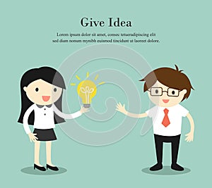 Business concept, Business woman give her idea to businessman. Vector illustration.