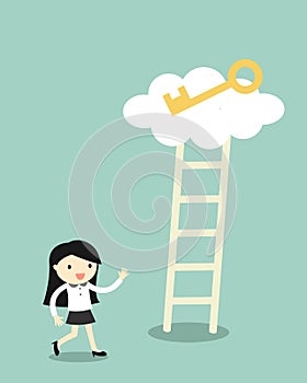 Business concept, Business woman going to climb the ladder for get a golden key.