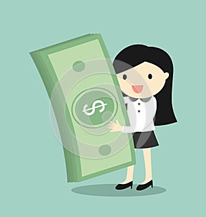Business concept, Business woman is holding money and feeling happy.
