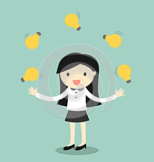 Business concept, business woman juggling many light bulbs. Vector illustrator.