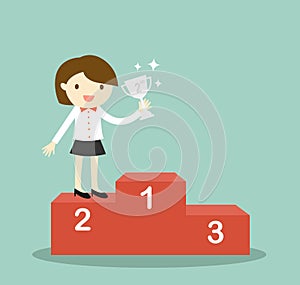 Business concept, business woman standing on 2nd winning podium and holding silver trophy. Vector illustration.