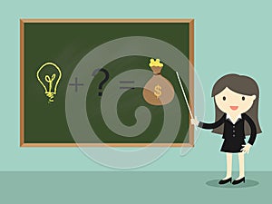 Business concept, Business woman standing in front of green chalkboard and present about business idea/concept.