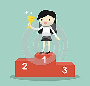 Business concept, business woman standing on the winning podium and holding trophy. Vector illustration.