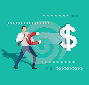 Business concept. Businessman attracting dollar icon with magnet vector illustration