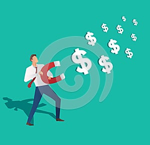 Business concept. businessman attracting dollar icon with magnet vector illustration