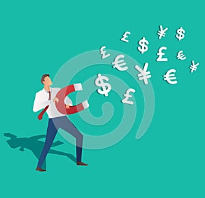 Business concept. businessman attracting money icon with magnet vector illustration