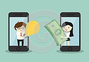 Business concept, businessman and business woman exchanging money for idea via smartphone.