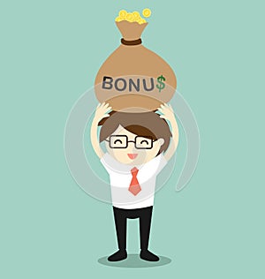 Business concept, Businessman holding bonus and feeling happy. Vector illustration.