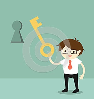 Business concept, Businessman holding a key to unlock keyhole on the wall. Vector illustration.