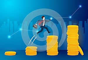 Business concept, Businessman jumping up on many coin, to the bigger target and reach the goal