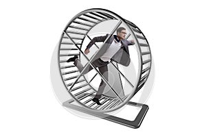 The business concept with businessman running on hamster wheel