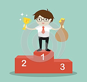 Business concept, businessman standing on the winning podium, he holding trophy and a bag of money. Vector illustration.