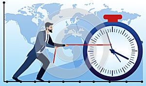 Business concept. Businessman trying to stop the time. Geometric elements on world map background. Vector flat